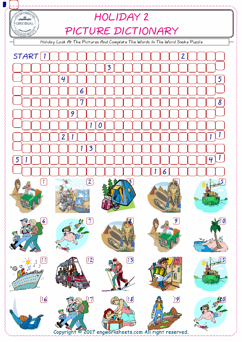  Check the Illustrations of Holiday english worksheets for kids, and Supply the Missing Words in the Word Snake Puzzle ESL play. 